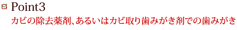 Point3 カビの除去薬剤、あるいはカビ取り歯みがき剤での歯みがき